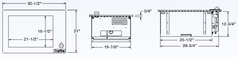 Drawing shows dimensions of PFINDOOR Grill