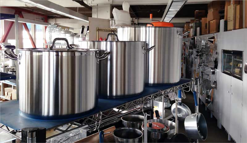 Size 24, 40, and 80 quart Stock Pots in our Showroom in Sausalito